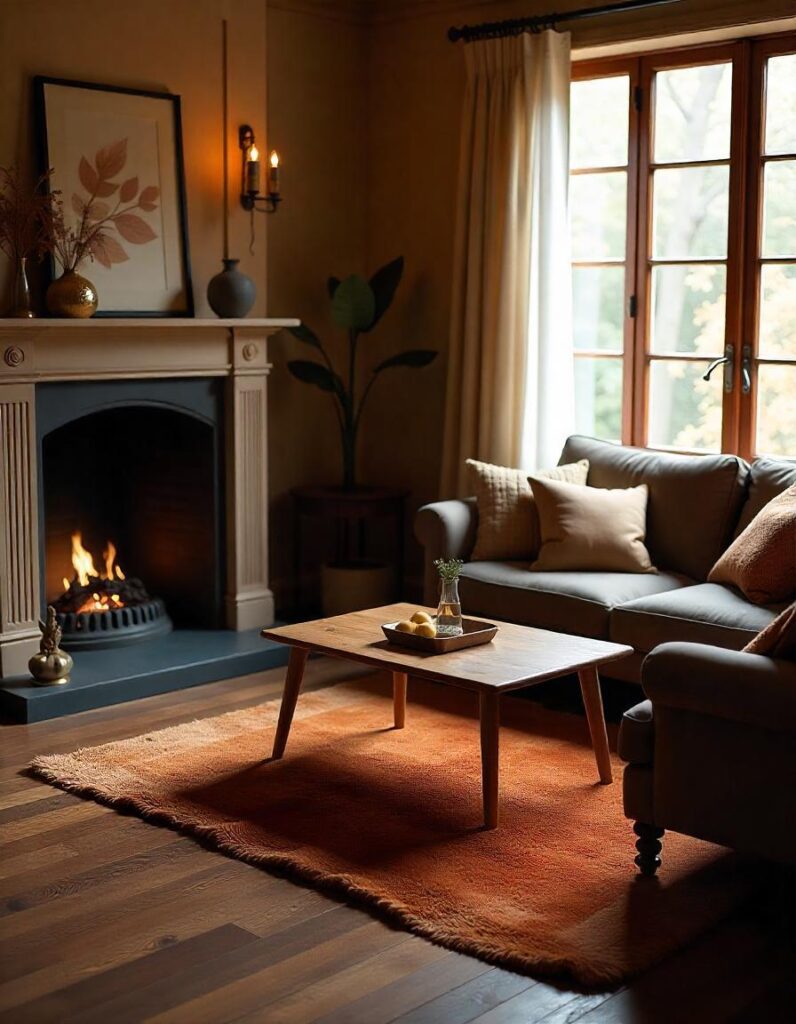 An inviting living room scene with a fireplace and couch, emphasizing rich textures for a cozy and warm environment.