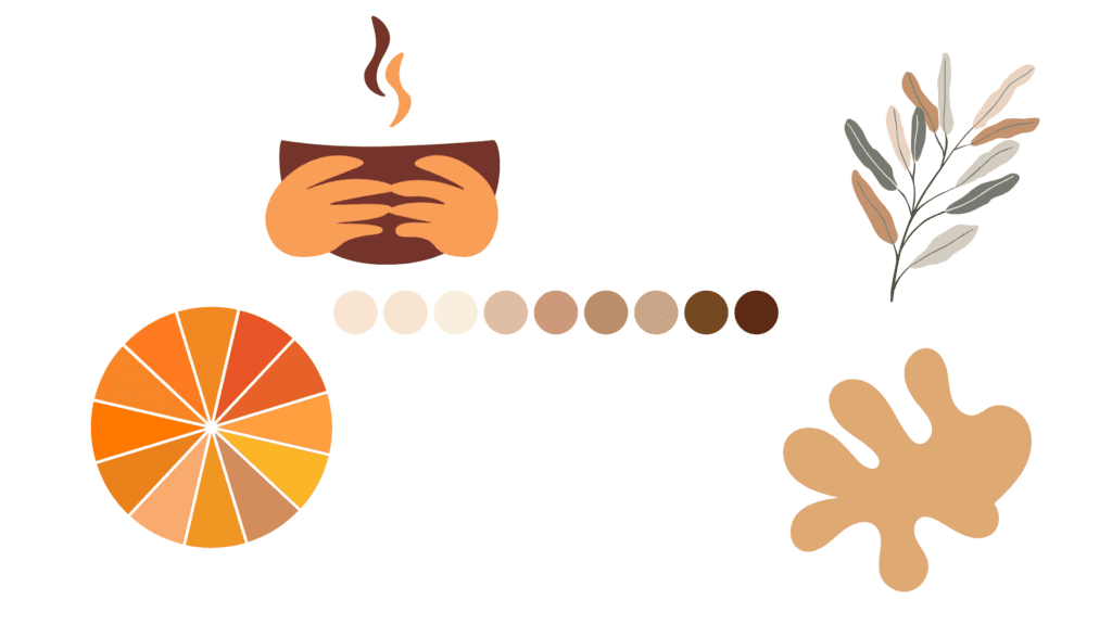 Illustration of hands holding a steaming cup, an orange color wheel, a neutral color palette, abstract shape, and foliage